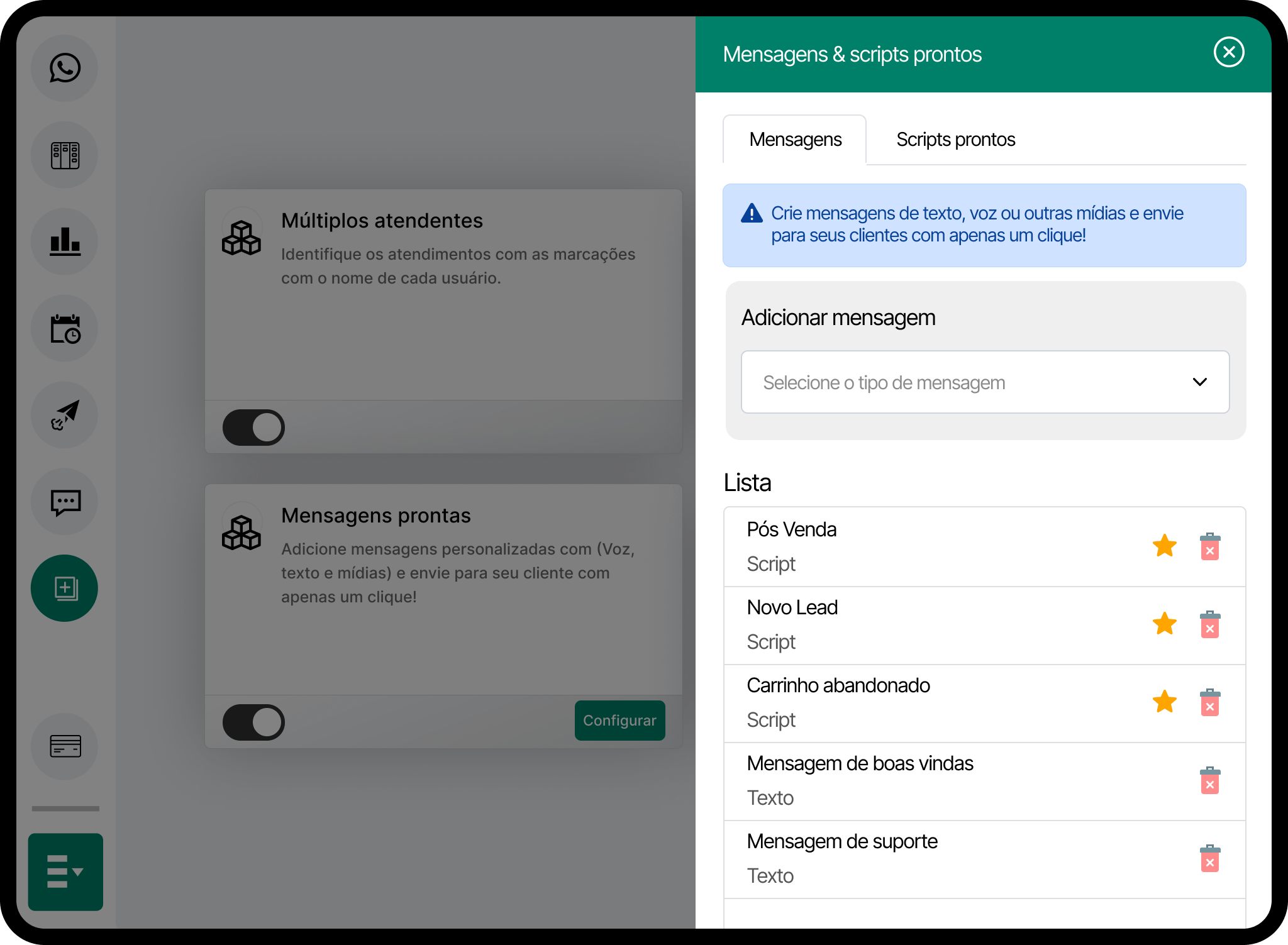 Mensagens prontas e scripts salvos